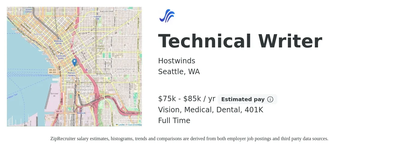 Hostwinds job posting for a Technical Writer in Seattle, WA with a salary of $75,000 to $85,000 Yearly and benefits including 401k, dental, medical, and vision with a map of Seattle location.
