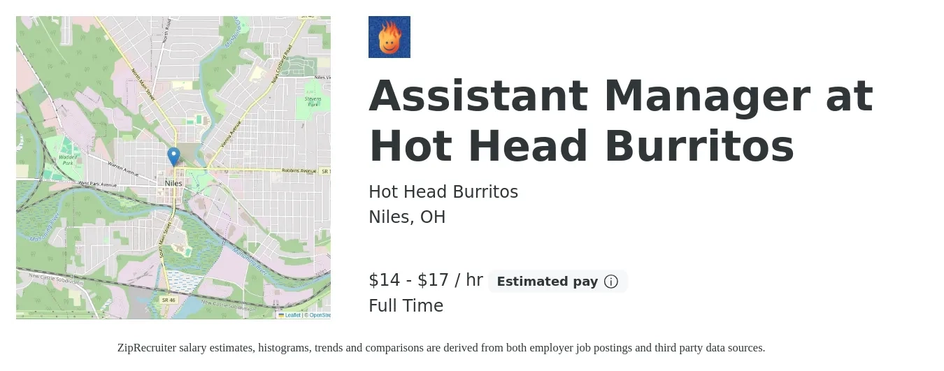 Hot Head Burritos job posting for a Assistant Manager at Hot Head Burritos in Niles, OH with a salary of $15 to $18 Hourly with a map of Niles location.