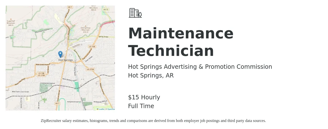 Hot Springs Advertising & Promotion Commission job posting for a Maintenance Technician in Hot Springs, AR with a salary of $16 Hourly with a map of Hot Springs location.