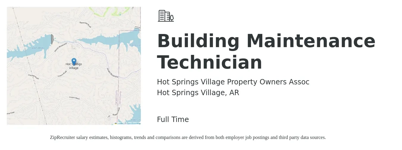 Hot Springs Village Property Owners Assoc job posting for a Building Maintenance Technician in Hot Springs Village, AR with a salary of $15 to $20 Hourly with a map of Hot Springs Village location.