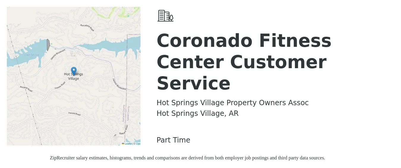 Hot Springs Village Property Owners Assoc job posting for a Coronado Fitness Center Customer Service in Hot Springs Village, AR with a salary of $13 to $17 Hourly with a map of Hot Springs Village location.