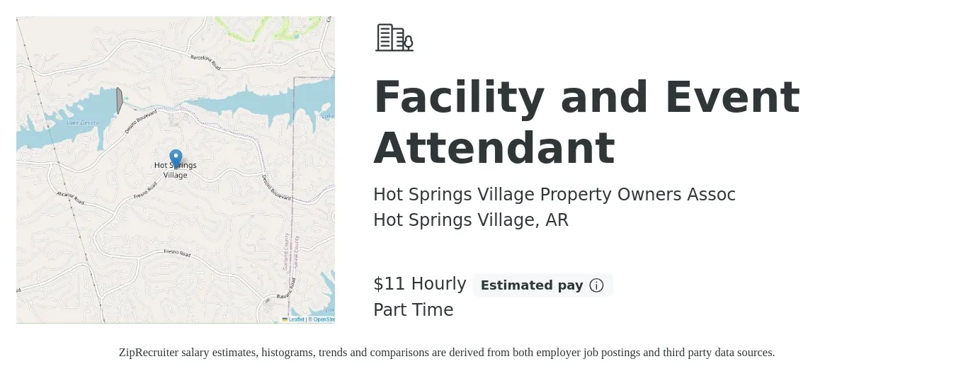 Hot Springs Village Property Owners Assoc job posting for a Facility and Event Attendant in Hot Springs Village, AR with a salary of $12 Hourly with a map of Hot Springs Village location.