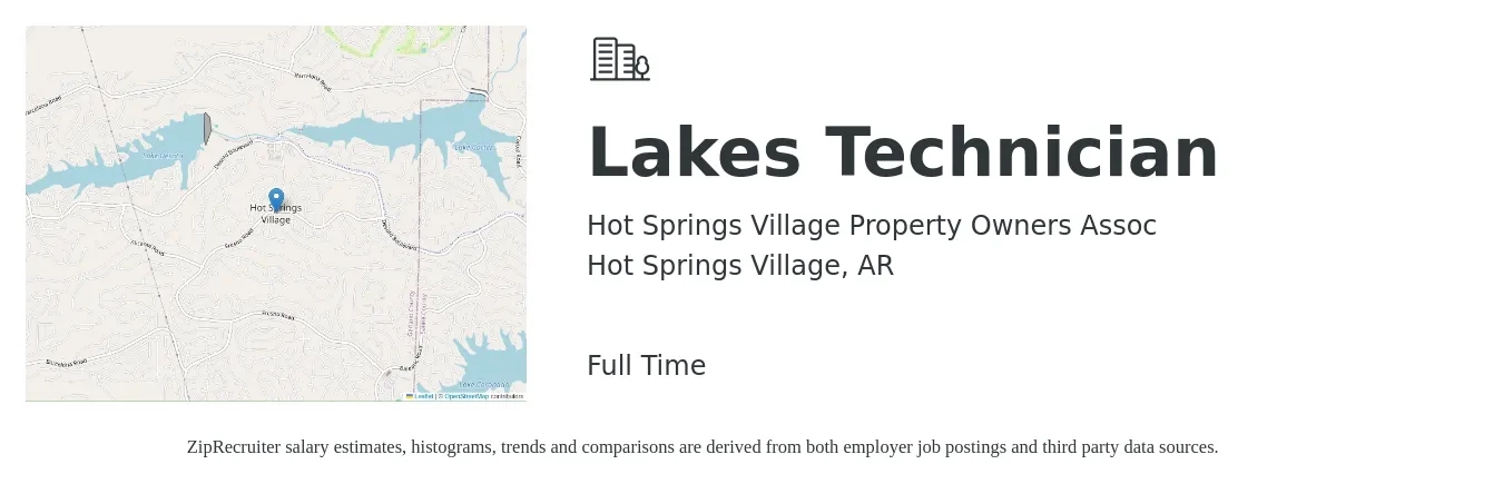 Hot Springs Village Property Owners Assoc job posting for a Lakes Technician in Hot Springs Village, AR with a salary of $32,300 to $48,200 Yearly with a map of Hot Springs Village location.