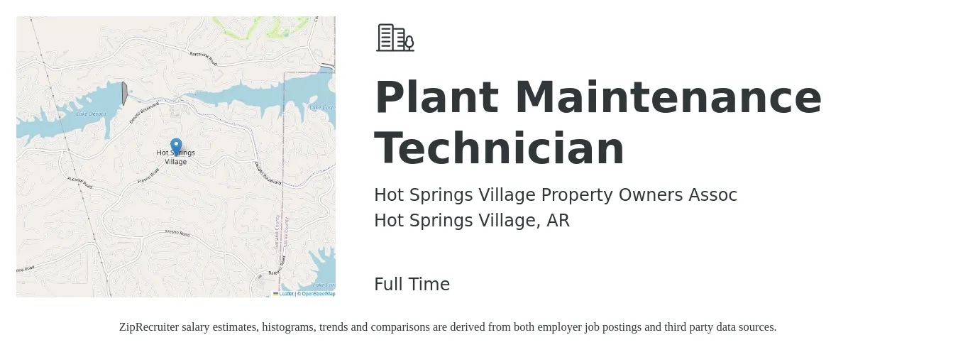 Hot Springs Village Property Owners Assoc job posting for a Plant Maintenance Technician in Hot Springs Village, AR with a salary of $18 to $24 Hourly with a map of Hot Springs Village location.