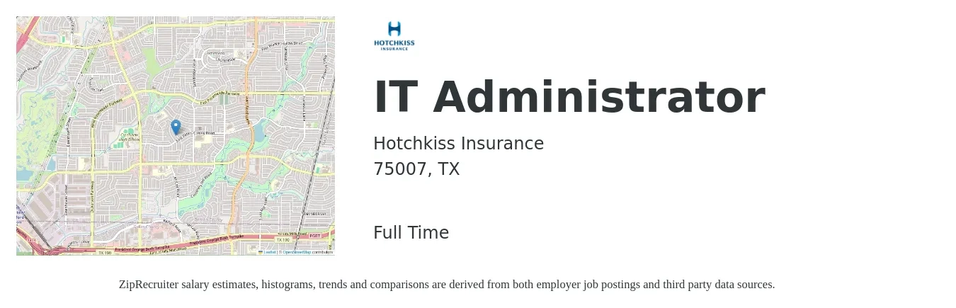 Hotchkiss Insurance job posting for a IT Administrator in 75007, TX with a salary of $54,000 to $79,200 Yearly with a map of 75007 location.