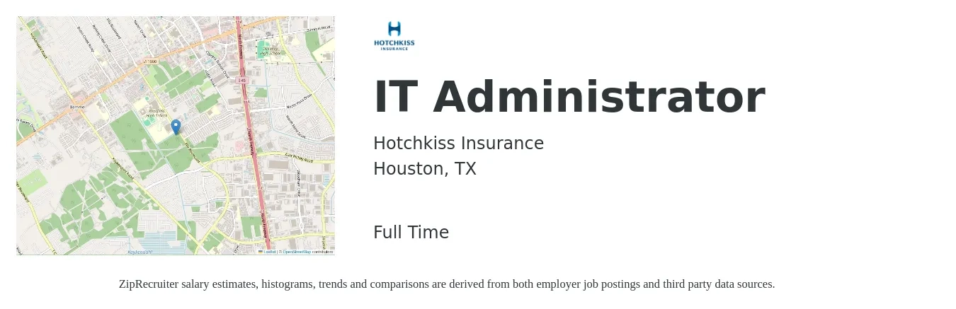 Hotchkiss Insurance job posting for a IT Administrator in Houston, TX with a salary of $57,300 to $84,000 Yearly with a map of Houston location.