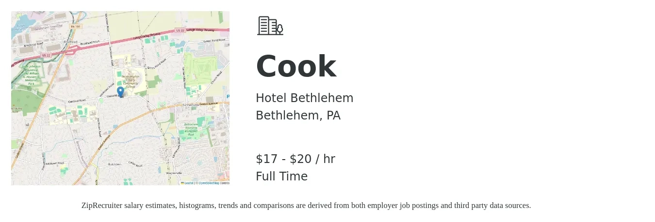 Hotel Bethlehem job posting for a Cook in Bethlehem, PA with a salary of $18 to $21 Hourly with a map of Bethlehem location.