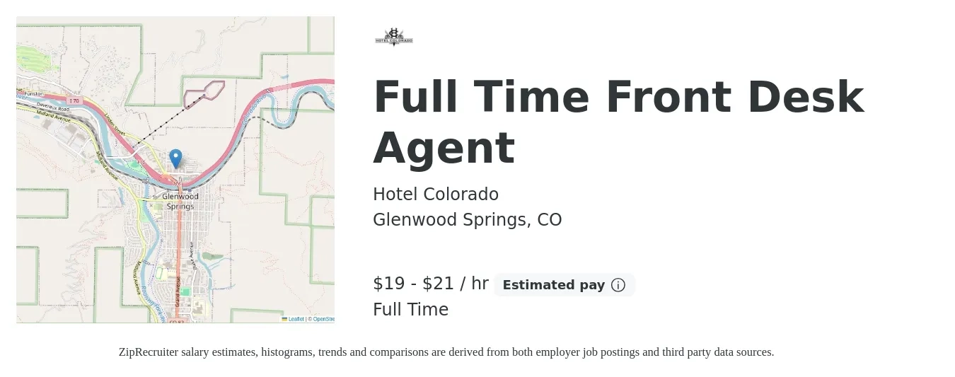 Hotel Colorado job posting for a Full Time Front Desk Agent in Glenwood Springs, CO with a salary of $20 to $22 Hourly with a map of Glenwood Springs location.