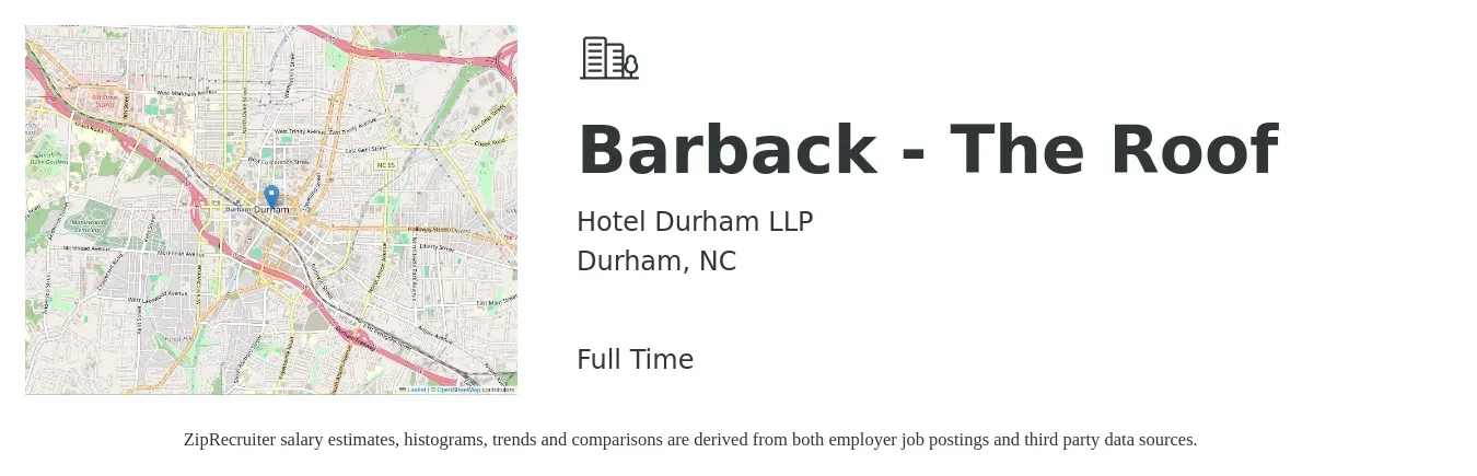 Hotel Durham LLP job posting for a Barback - The Roof in Durham, NC with a salary of $10 to $16 Hourly with a map of Durham location.