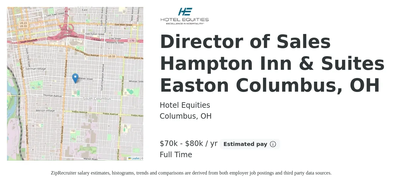 Hotel Equities job posting for a Director of Sales Hampton Inn & Suites Easton Columbus, OH in Columbus, OH with a salary of $70,000 to $80,000 Yearly with a map of Columbus location.