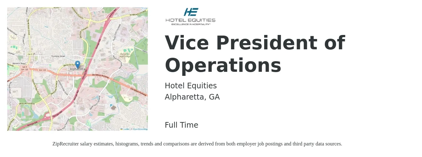 Hotel Equities job posting for a Vice President of Operations in Alpharetta, GA with a salary of $108,800 to $174,300 Yearly with a map of Alpharetta location.