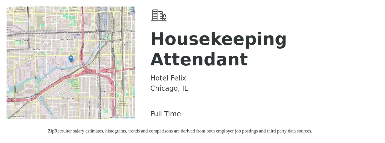Hotel Felix job posting for a Housekeeping Attendant in Chicago, IL with a salary of $14 to $18 Hourly with a map of Chicago location.