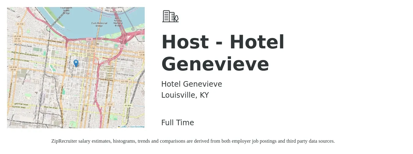 Hotel Genevieve job posting for a Host - Hotel Genevieve in Louisville, KY with a salary of $12 to $16 Hourly with a map of Louisville location.