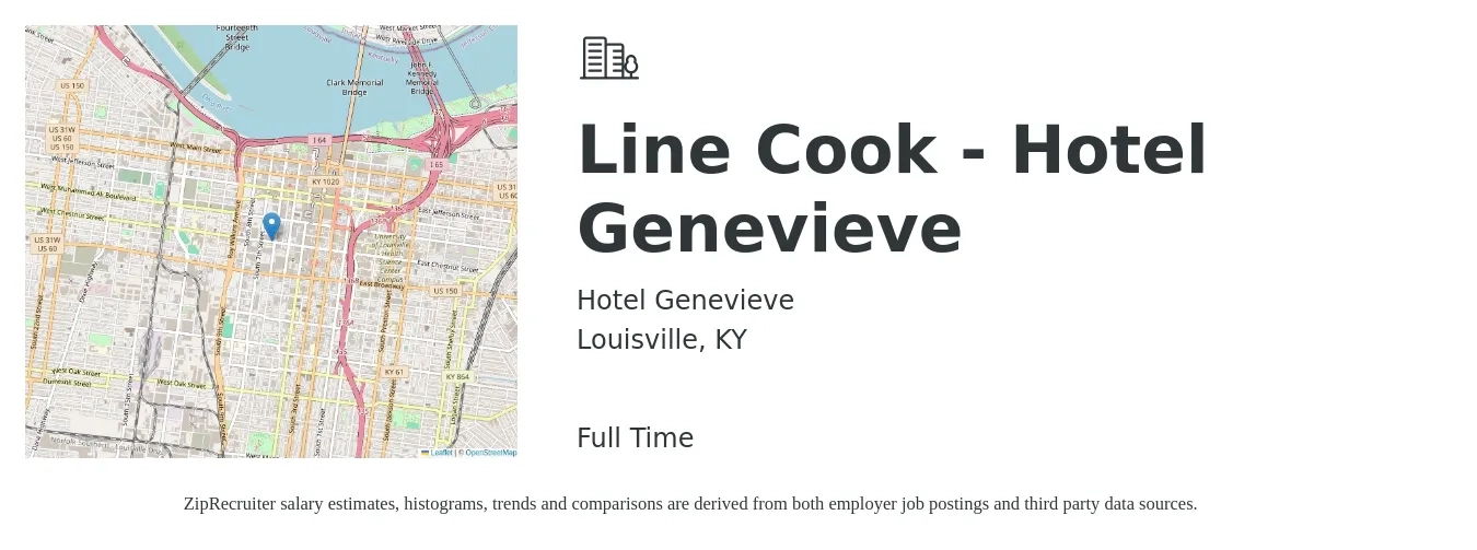 Hotel Genevieve job posting for a Line Cook - Hotel Genevieve in Louisville, KY with a salary of $17 to $21 Hourly with a map of Louisville location.