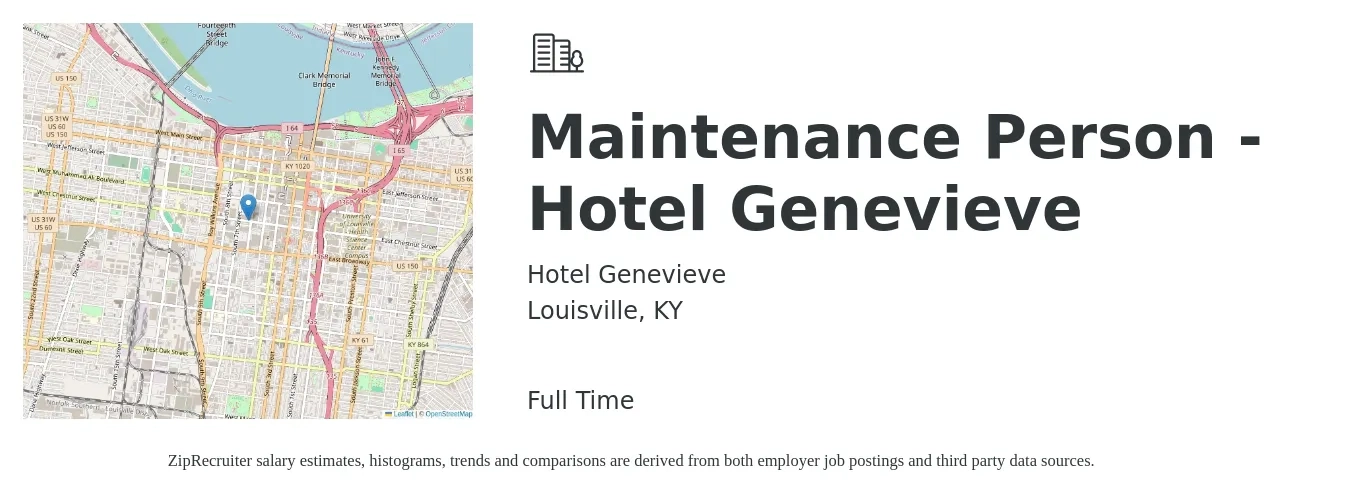 Hotel Genevieve job posting for a Maintenance Person - Hotel Genevieve in Louisville, KY with a salary of $16 to $19 Hourly with a map of Louisville location.