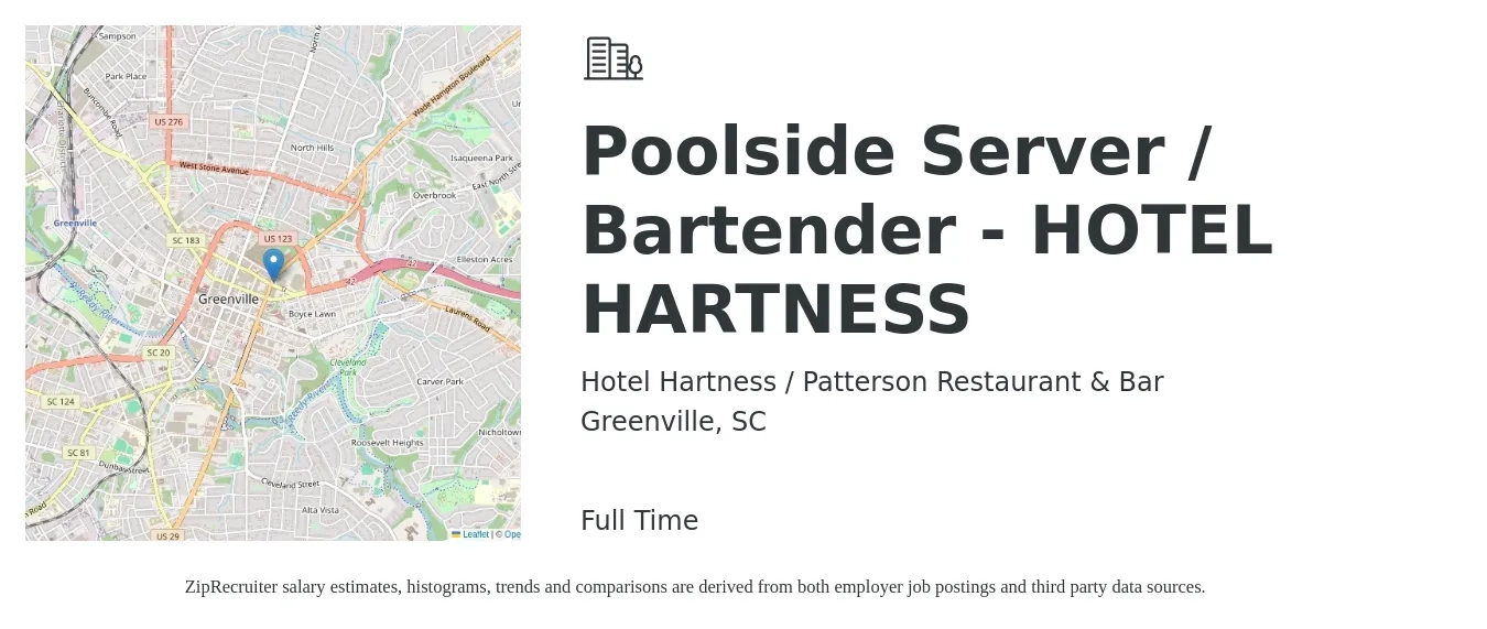 Hotel Hartness / Patterson Restaurant & Bar job posting for a Poolside Server / Bartender - HOTEL HARTNESS in Greenville, SC with a salary of $9 to $17 Hourly with a map of Greenville location.