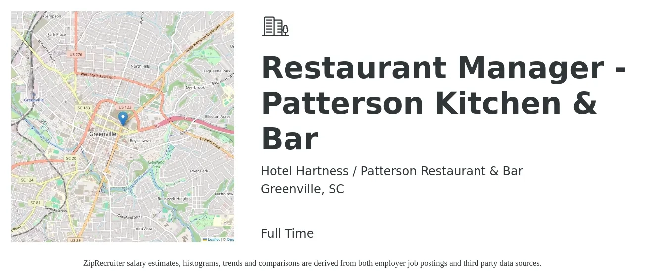 Hotel Hartness / Patterson Restaurant & Bar job posting for a Restaurant Manager - Patterson Kitchen & Bar in Greenville, SC with a salary of $35,300 to $56,600 Yearly with a map of Greenville location.
