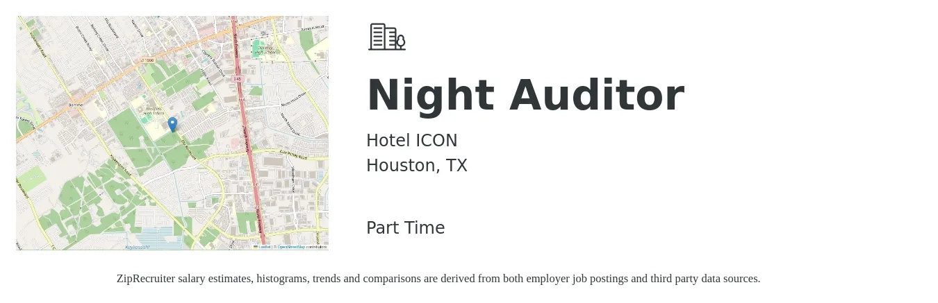 Hotel ICON job posting for a Night Auditor in Houston, TX with a salary of $14 to $19 Hourly with a map of Houston location.
