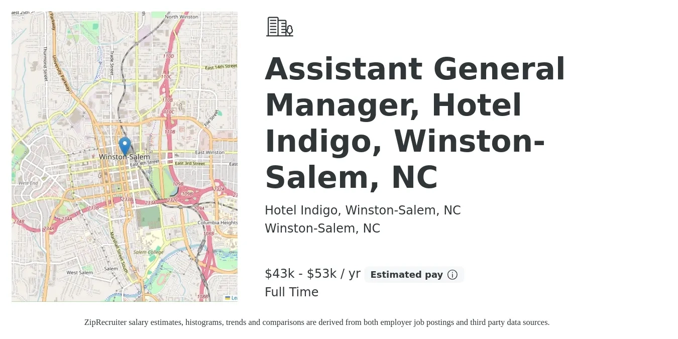 Hotel Indigo, Winston-Salem, NC job posting for a Assistant General Manager, Hotel Indigo, Winston-Salem, NC in Winston-Salem, NC with a salary of $43,000 to $53,000 Yearly with a map of Winston-Salem location.