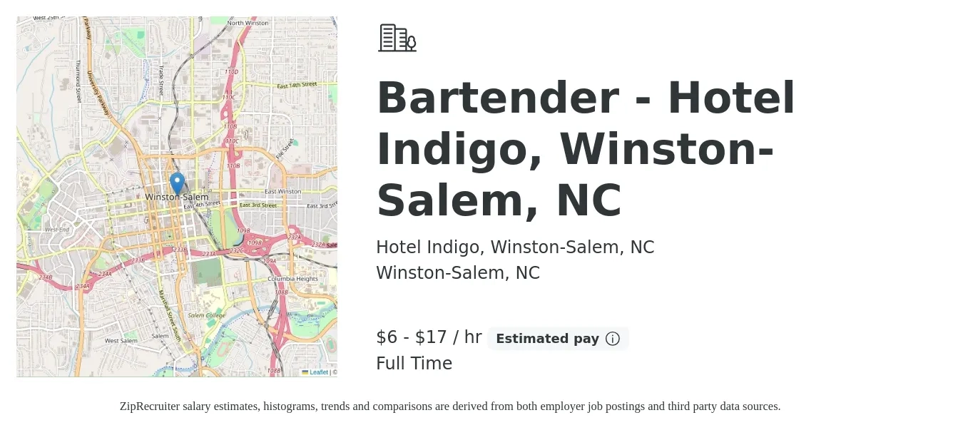 Hotel Indigo, Winston-Salem, NC job posting for a Bartender - Hotel Indigo, Winston-Salem, NC in Winston-Salem, NC with a salary of $7 to $18 Hourly with a map of Winston-Salem location.