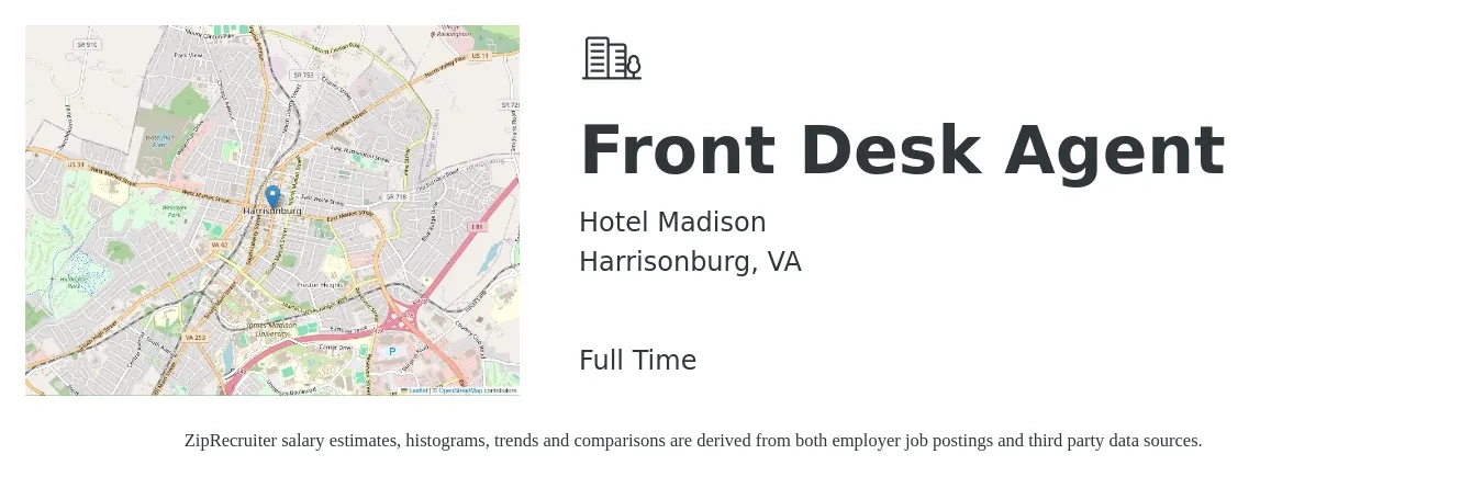 Hotel Madison job posting for a Front Desk Agent in Harrisonburg, VA with a salary of $13 to $17 Hourly with a map of Harrisonburg location.