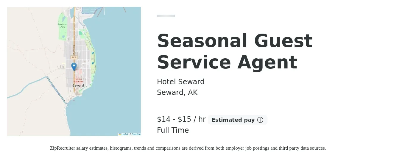 Hotel Seward job posting for a Seasonal Guest Service Agent in Seward, AK with a salary of $15 to $16 Hourly with a map of Seward location.