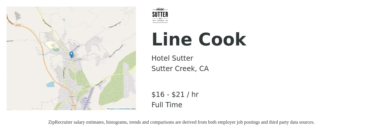 Hotel Sutter job posting for a Line Cook in Sutter Creek, CA with a salary of $17 to $22 Hourly with a map of Sutter Creek location.