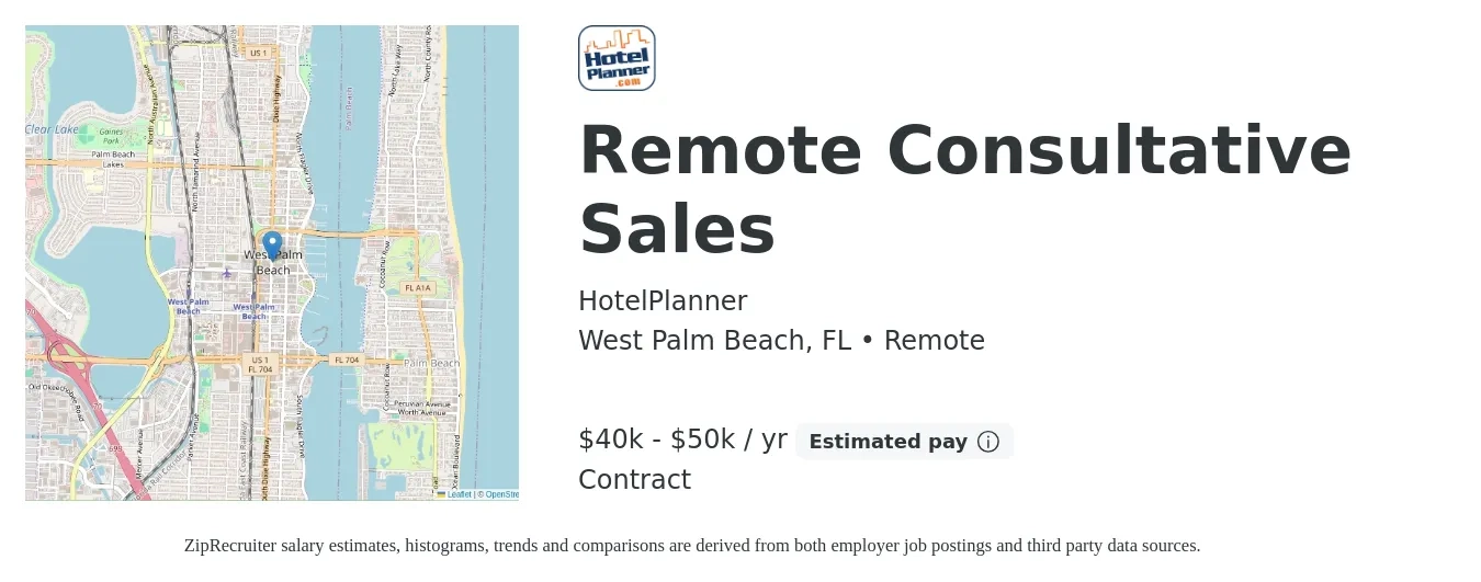 HotelPlanner job posting for a Remote Consultative Sales in West Palm Beach, FL with a salary of $40,000 to $50,000 Yearly with a map of West Palm Beach location.