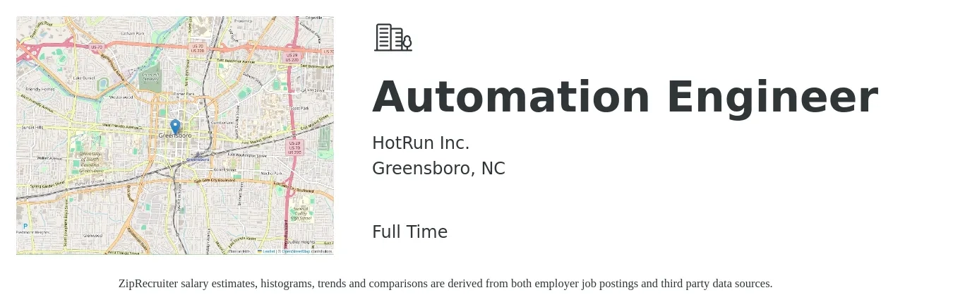 HotRun Inc. job posting for a Automation Engineer in Greensboro, NC with a salary of $83,800 to $119,700 Yearly with a map of Greensboro location.