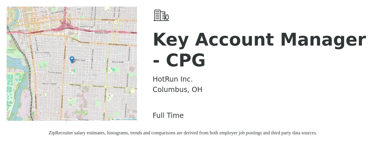 HotRun Inc. job posting for a Key Account Manager - CPG in Columbus, OH with a salary of $70,500 to $107,200 Yearly with a map of Columbus location.