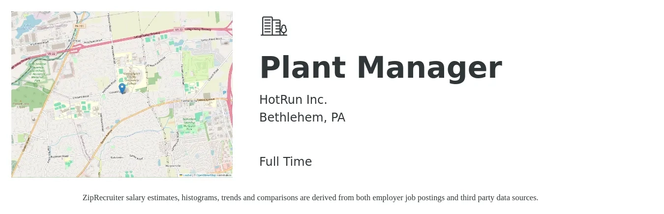 HotRun Inc. job posting for a Plant Manager in Bethlehem, PA with a salary of $89,900 to $138,800 Yearly with a map of Bethlehem location.