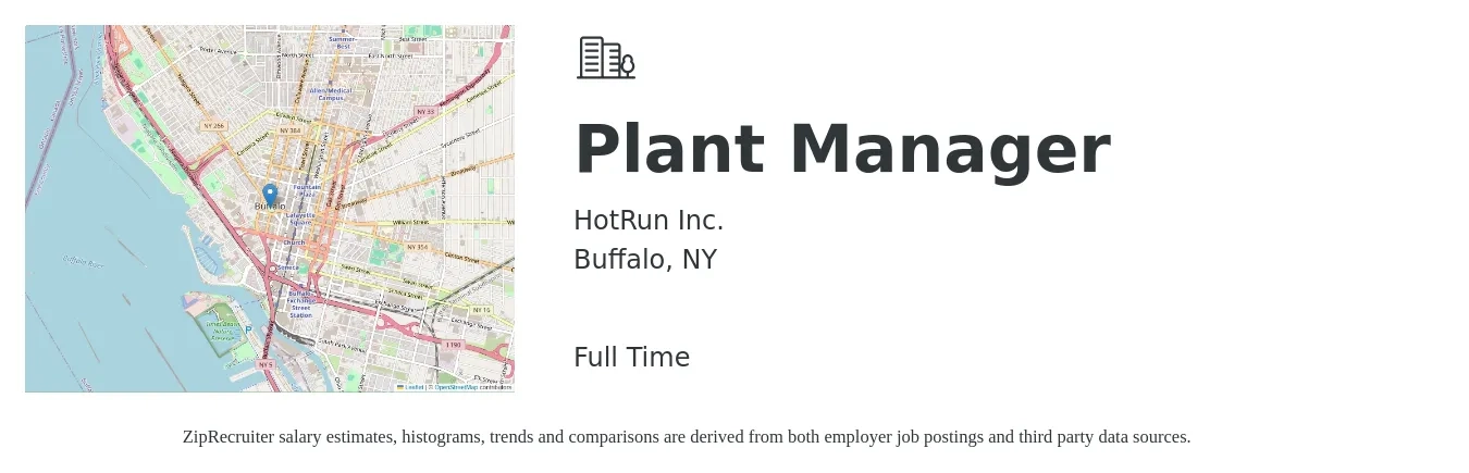 HotRun Inc. job posting for a Plant Manager in Buffalo, NY with a salary of $88,100 to $136,100 Yearly with a map of Buffalo location.