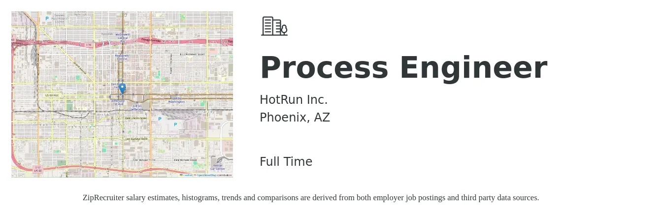 HotRun Inc. job posting for a Process Engineer in Phoenix, AZ with a salary of $74,000 to $102,300 Yearly with a map of Phoenix location.