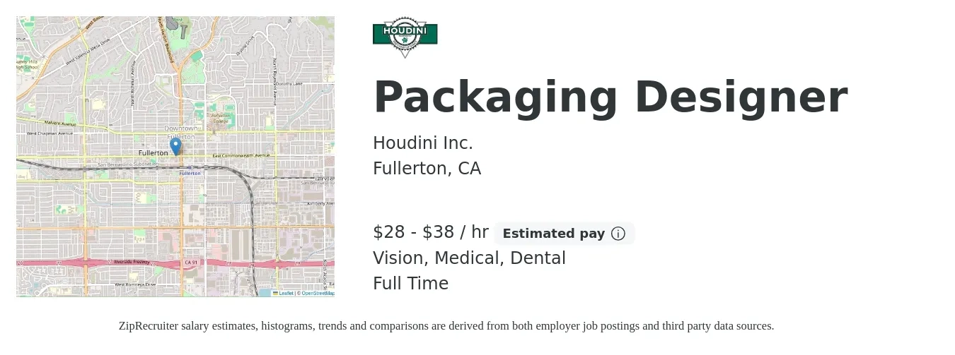Houdini Inc. job posting for a Packaging Designer in Fullerton, CA with a salary of $30 to $40 Hourly and benefits including dental, life_insurance, medical, pto, and vision with a map of Fullerton location.