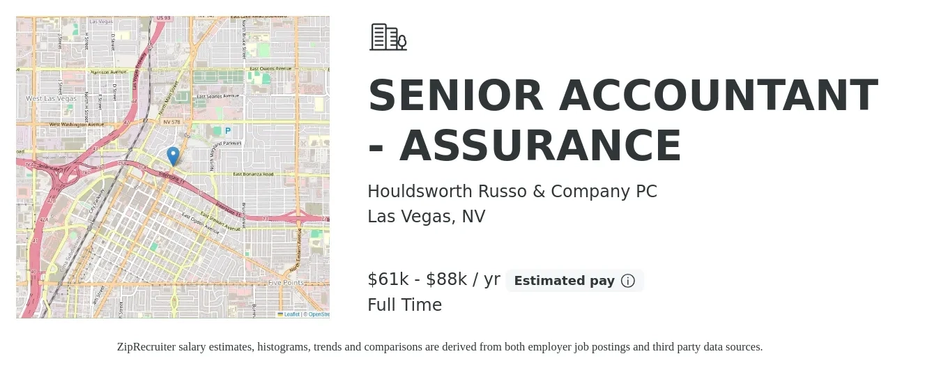 Houldsworth Russo & Company PC job posting for a SENIOR ACCOUNTANT - ASSURANCE in Las Vegas, NV with a salary of $61,000 to $88,000 Yearly with a map of Las Vegas location.