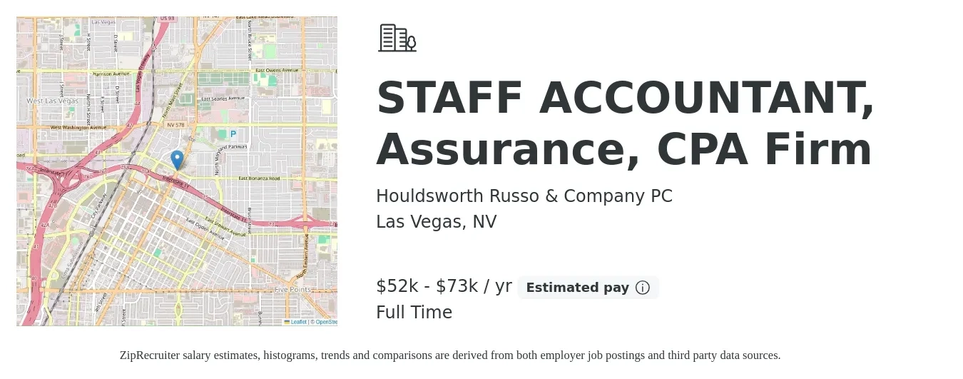 Houldsworth Russo & Company PC job posting for a STAFF ACCOUNTANT, Assurance, CPA Firm in Las Vegas, NV with a salary of $52,000 to $73,000 Yearly with a map of Las Vegas location.