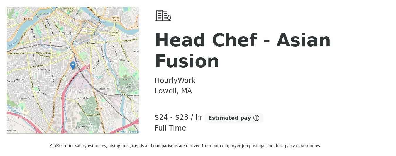 HourlyWork job posting for a Head Chef - Asian Fusion in Lowell, MA with a salary of $25 to $30 Hourly with a map of Lowell location.