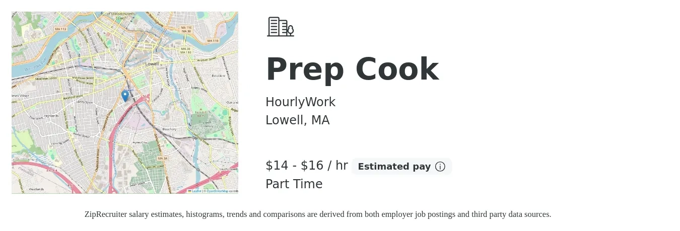 HourlyWork job posting for a Prep Cook in Lowell, MA with a salary of $15 to $17 Hourly with a map of Lowell location.