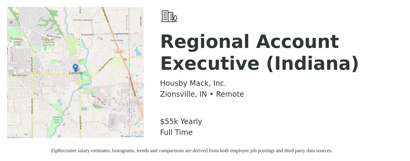 Housby Mack, Inc. job posting for a Regional Account Executive (Indiana) in Zionsville, IN with a salary of $55,000 Yearly with a map of Zionsville location.