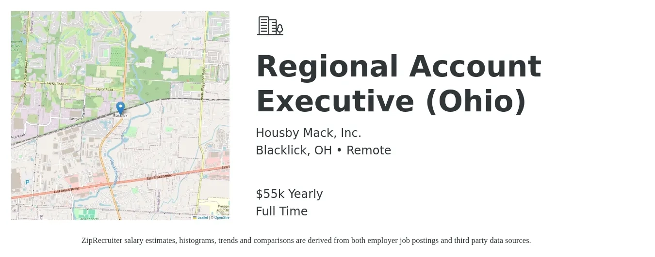 Housby Mack, Inc. job posting for a Regional Account Executive (Ohio) in Blacklick, OH with a salary of $55,000 Yearly with a map of Blacklick location.