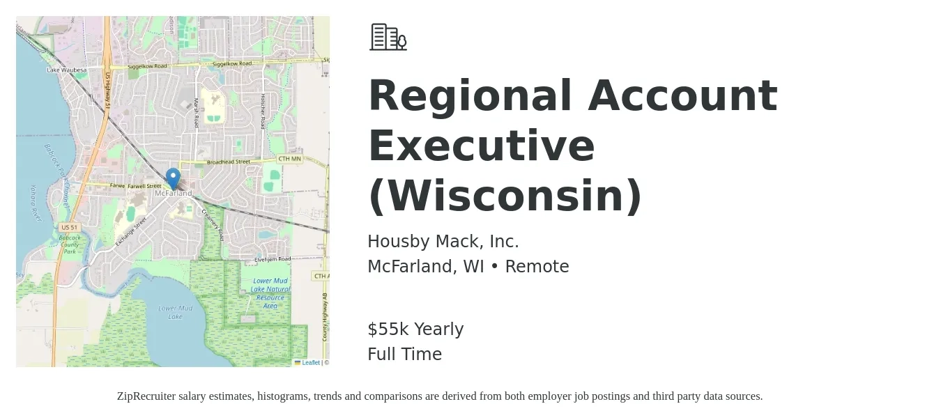 Housby Mack, Inc. job posting for a Regional Account Executive (Wisconsin) in McFarland, WI with a salary of $55,000 Yearly with a map of McFarland location.
