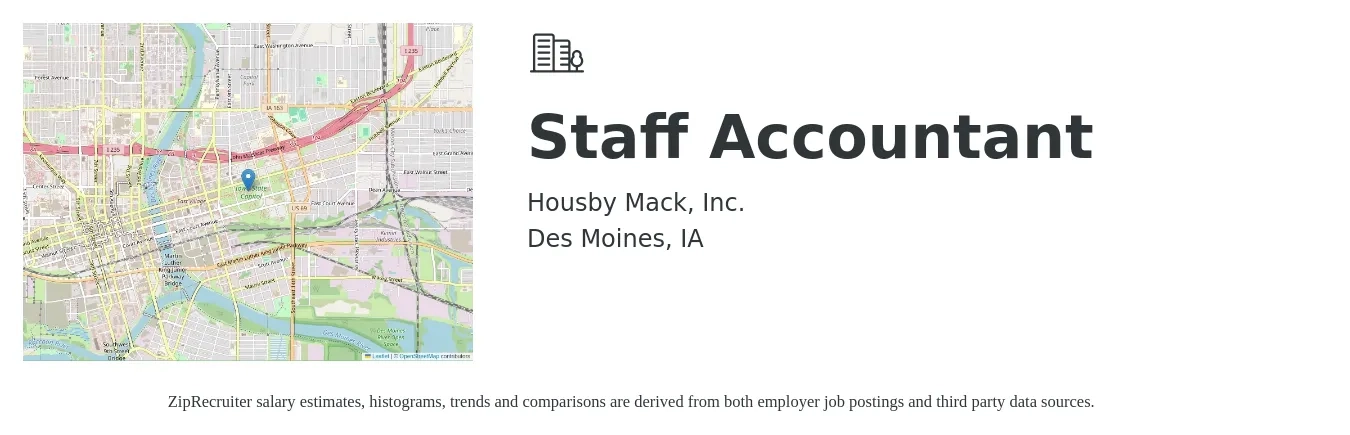 Housby Mack, Inc. job posting for a Staff Accountant in Des Moines, IA with a salary of $53,700 to $70,800 Yearly with a map of Des Moines location.