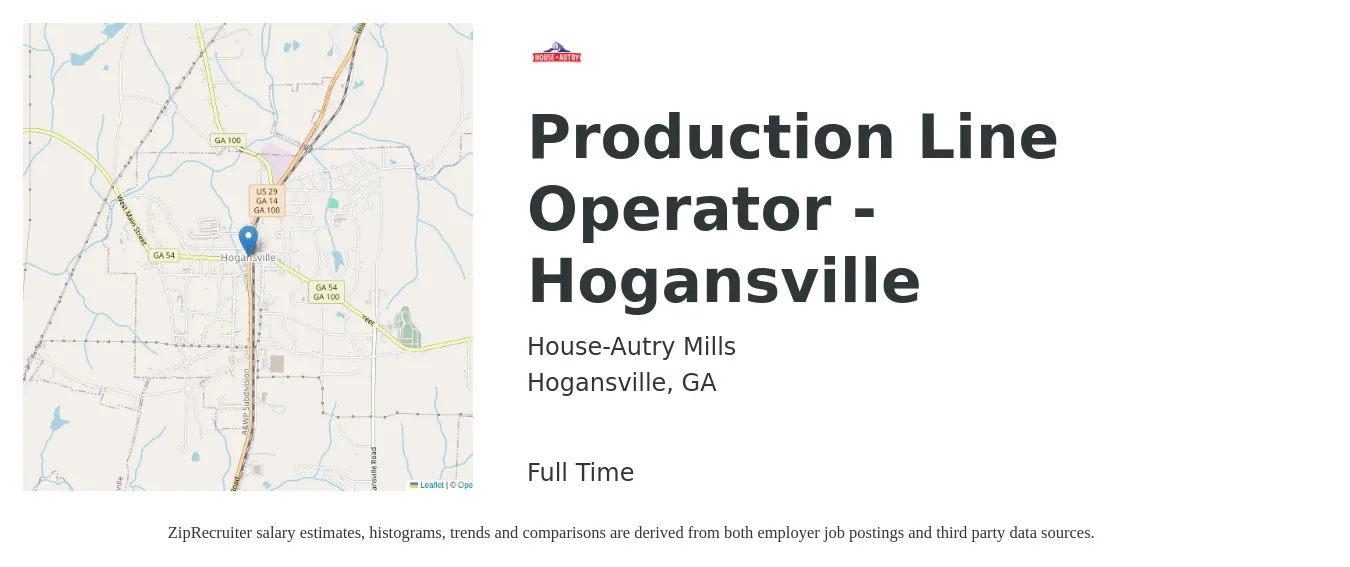 House-Autry Mills job posting for a Production Line Operator - Hogansville in Hogansville, GA with a salary of $15 to $18 Hourly with a map of Hogansville location.