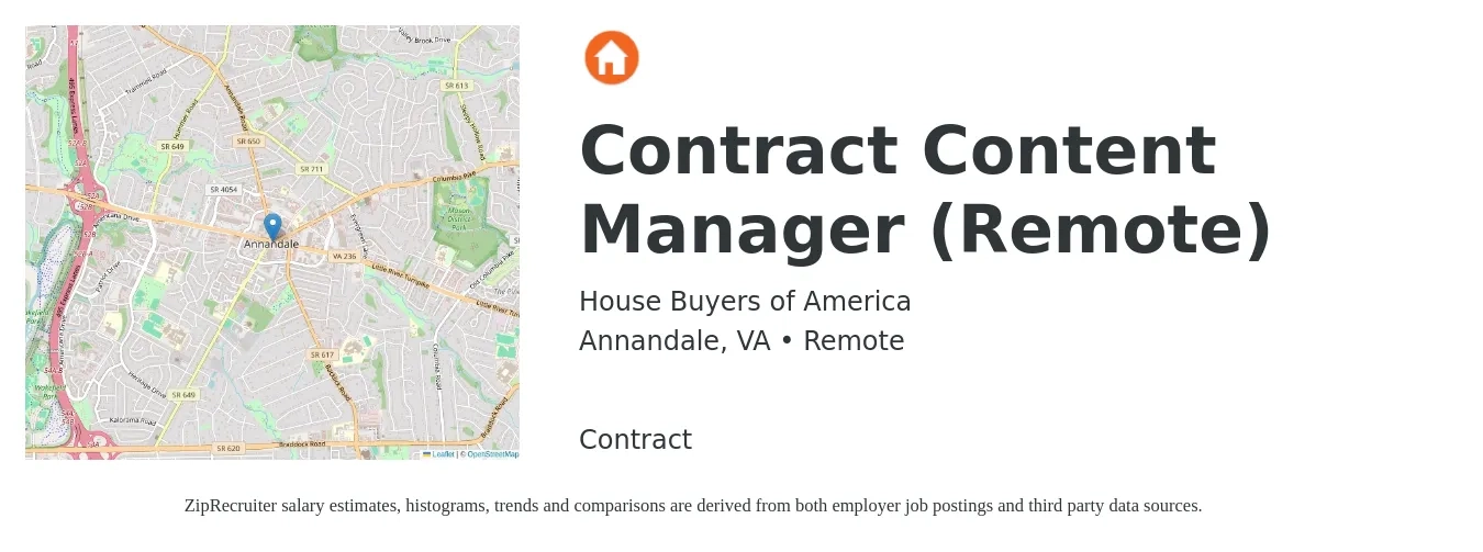 House Buyers of America job posting for a Contract Content Manager (Remote) in Annandale, VA with a salary of $27 to $47 Hourly with a map of Annandale location.