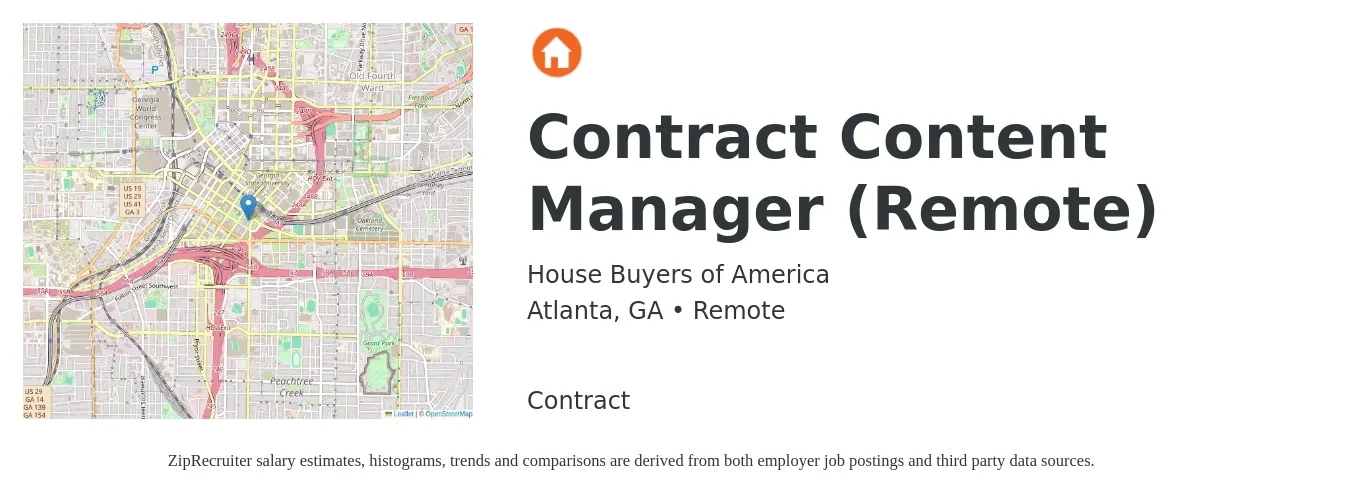 House Buyers of America job posting for a Contract Content Manager (Remote) in Atlanta, GA with a salary of $26 to $45 Hourly with a map of Atlanta location.