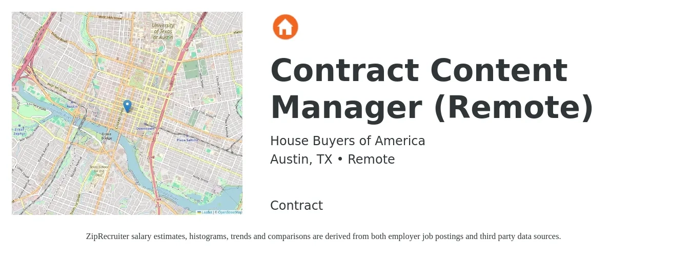 House Buyers of America job posting for a Contract Content Manager (Remote) in Austin, TX with a salary of $26 to $46 Hourly with a map of Austin location.