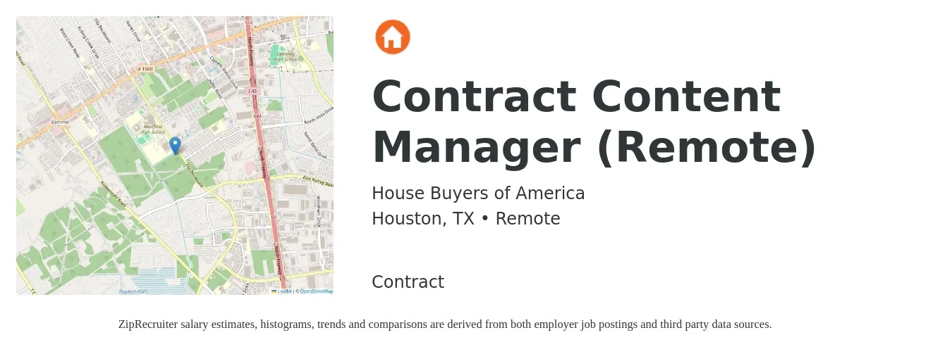 House Buyers of America job posting for a Contract Content Manager (Remote) in Houston, TX with a salary of $26 to $45 Hourly with a map of Houston location.