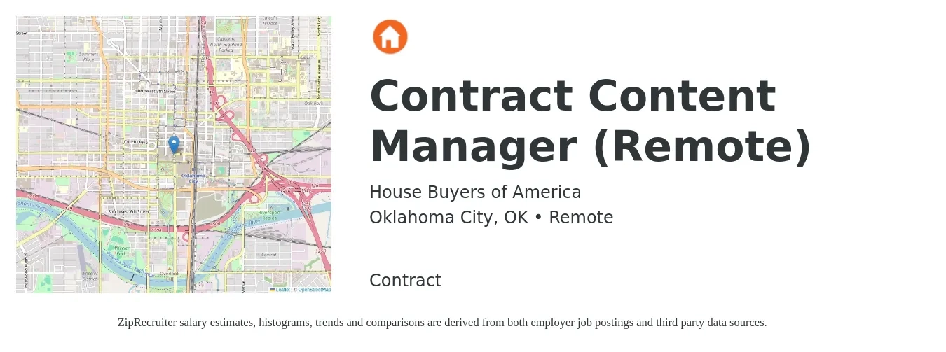 House Buyers of America job posting for a Contract Content Manager (Remote) in Oklahoma City, OK with a salary of $24 to $40 Hourly with a map of Oklahoma City location.