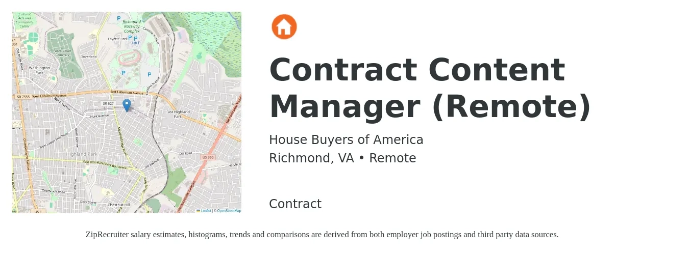 House Buyers of America job posting for a Contract Content Manager (Remote) in Richmond, VA with a salary of $27 to $46 Hourly with a map of Richmond location.