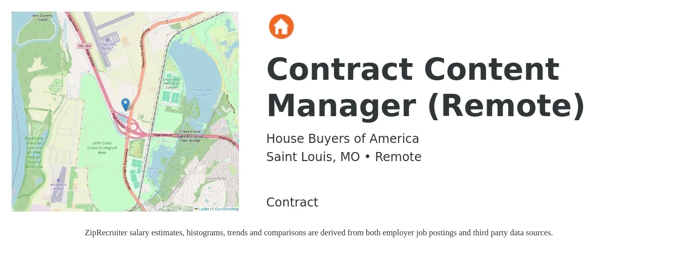 House Buyers of America job posting for a Contract Content Manager (Remote) in Saint Louis, MO with a salary of $26 to $46 Hourly with a map of Saint Louis location.